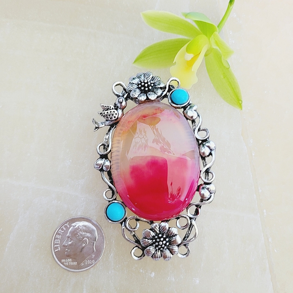Peach Agate Wrapped Tibetan Silver Flower Oval Brooch Pendant NWT